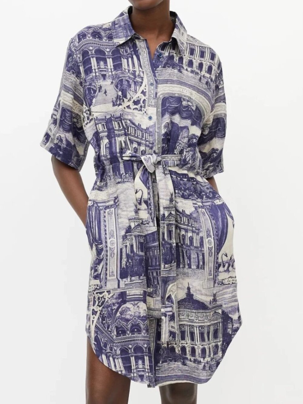 Acne Studios Grey Blue Theatre Print 100% Linen Belted Shirt Dress EU 38